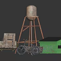 Vintage Water Tower With Metal Frame And Wooden Wheelbarrow Near Green Box